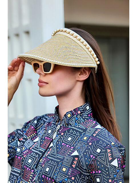 Remsa Mayo İnci Detaylı Vizör Hasır Şapka Güneş Koruyucu Siperlik RŞ-2088 Bej01 - S000400077-19928