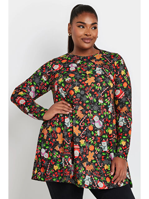 Stil Diva Büyük Beden Yılbaşı Temalı Bisiklet Yaka Uzun Kollu Eteği Bollaşan Bluz 322215 - S000299818-19351