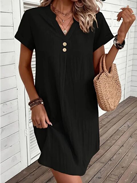 Jane's Kadın Kısa Kollu V Yakalı Düğmeli Müslim Kısa Elbise - S000528150-19351