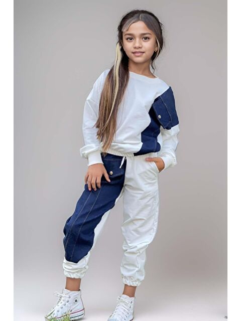 Riccotarz Kız Çocuk Jean Detaylı Cepli Aplike Beyaz Eşofman Takım - S000296761-20063