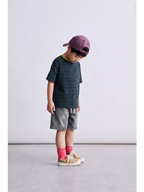 Magu Erkek Çocuk Pamuklu Çizgili T-Shirt Denim Şort Takım