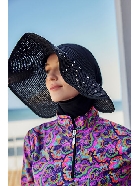 Remsa Mayo Taşlı Fiyonklu Katlanabilir Vizör Hasır Şapka Güneş Koruyucu Siperlik RŞ-2091 Siyah01 - S000400088-19351