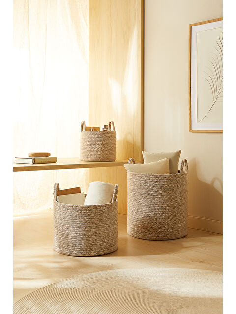 Ocean Home Textile 3'lü Bej Kırçıllı Pamuklu Halat Sepet Set 26 x 22 / 35 x 27 / 40 x 40 cm - S000357216-19928
