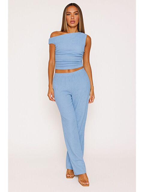 Trendseninle Bebe Mavisi Tek Omuz Detay Büzgülü Bluz Pantolon Örme Bürümcük Takım - S000398714-3642