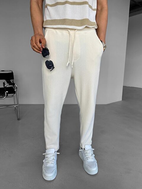 Abluka Online Loose Fit İpli Esnek Triko Rahat Erkek Pantolon Ekru - S000176394-19965