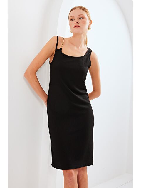 Bigdart 2496 Zincir Detaylı Örme Elbise - Siyah - S000204547-19351