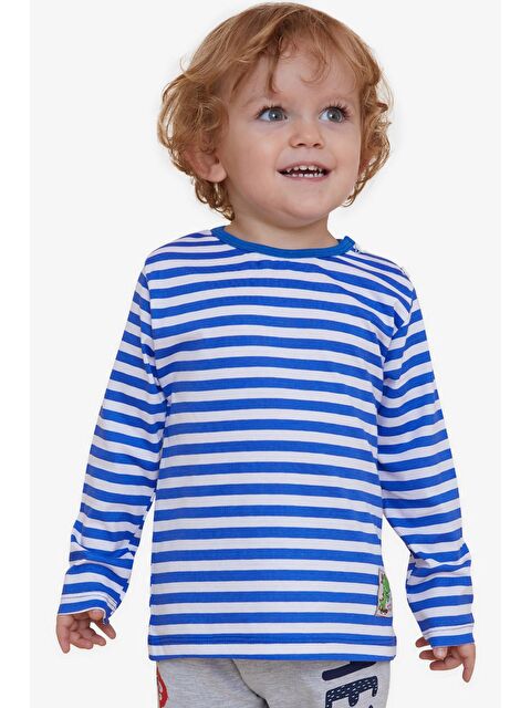 Breeze Erkek Bebek Uzun Kollu Tişört Patlı Çizgili Dinozor Baskılı Koyu Mavi (9 Ay-2 Yaş) - S000152214-19393