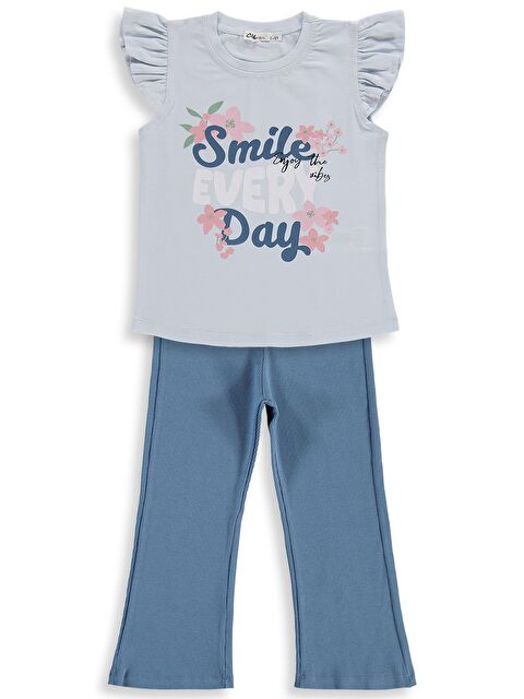 Civil Girls Smile Baskılı 2-5 Yaş Takım - Açık Mavi-Koyu İndigo