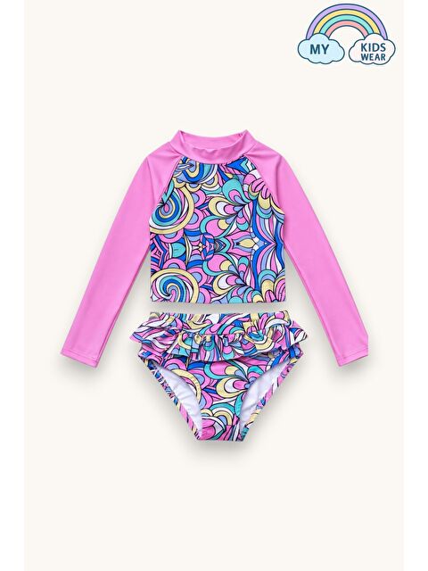 My Kids Wear Kız Çocuk Uzun Kollu Desenli Bikini Takımı Volanlı Yazlık Mayo 3-8 Yaş 12641