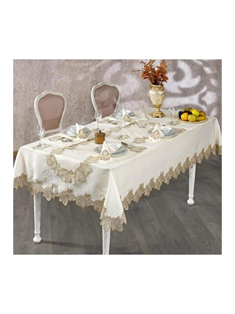 Çeyiz Diyarı Fransız Güpürlü Çınar Masa Örtüsü Takımı Ekru Bakır 50 Parça - S000502110-23173