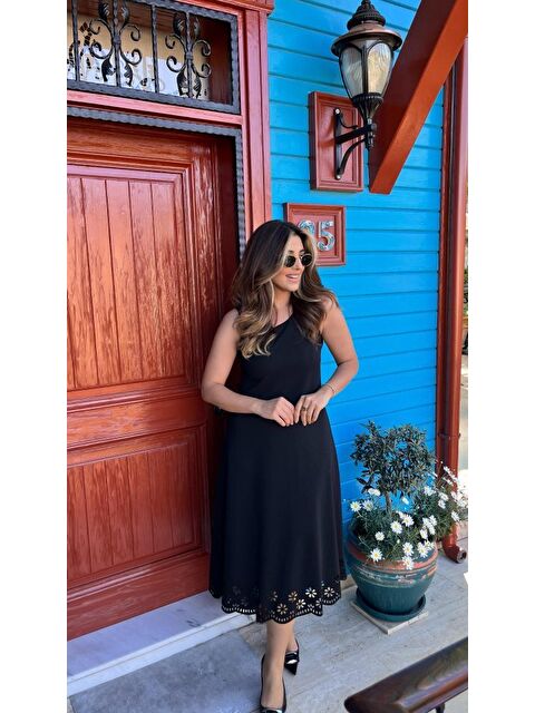 Jane's Kadın Kolsuz Etek Ucu Lazer Kesim çiçek Desenli Midi Boy Janjan Krep Elbise - S000528157-19351