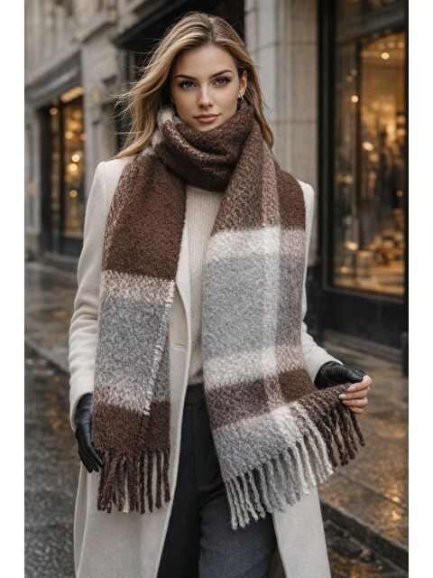 Luminos Butik Kadın Gri Ekose Desenli Atkı-Şal SAL1305 - S000508003-23173