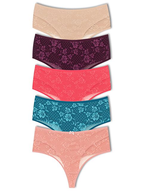 Hnx Pamuklu Önü Çift Kat Lez Dantel Yüksek Bel Tanga Kadın Külot 5'Li - S000091130-27074