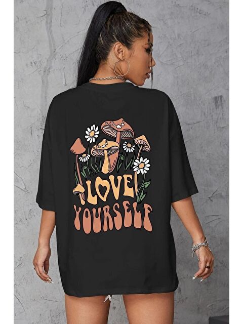 Trendseninle Kadın Siyah Love Yourself Baskılı Oversize Tişört - S000116547-19351