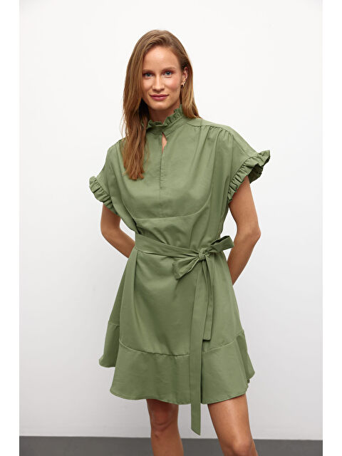 Muni Muni Kemerli Düz Renk Pamuklu Elbise