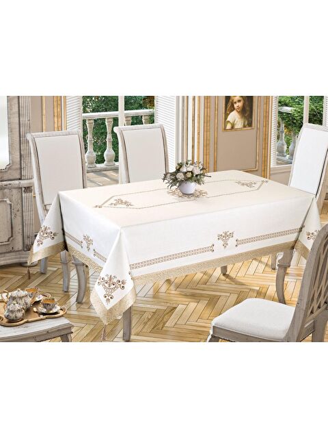 Çeyiz Diyarı Lale Baskılı Dikdörtgen Masa Örtüsü Gold 160x260 Cm - S000502142-20076