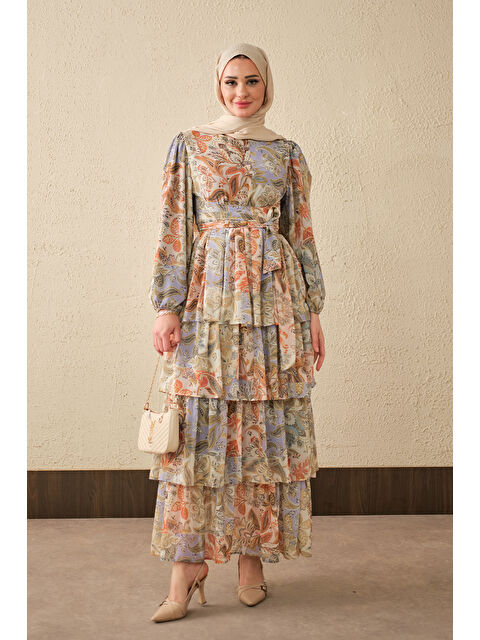 Locco Moda Kadın Etnik Desen Bel Bağlamalı Elbise Lila