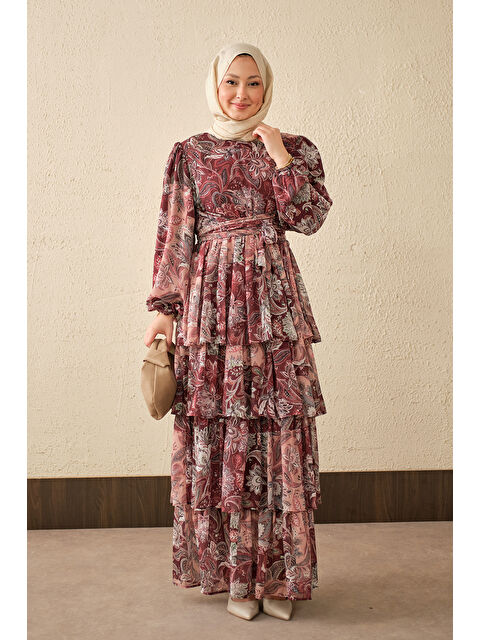 Locco Moda Kadın Etnik Desen Bel Bağlamalı Elbise Bordo