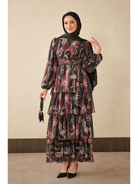 Locco Moda Kadın Kat Kat Detay Kuşaklı Astarlı Şifon Elbise Siyah