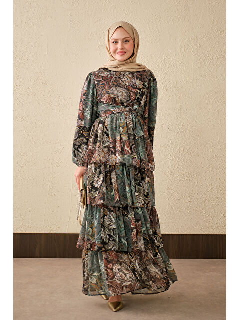 Locco Moda Kadın Etnik Desen Bel Bağlamalı Elbise Koyu Yeşil