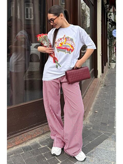 Madmext Bordo Beli Ayarlanabilir Ekoseli Bol Paça Kadın Pantolon Mg2335