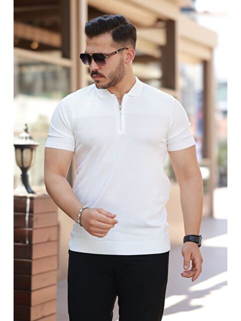 Jane's Erkek Göğüs Pirinç Desenli Fermuar Yakalı Kısa Kollu Tişört