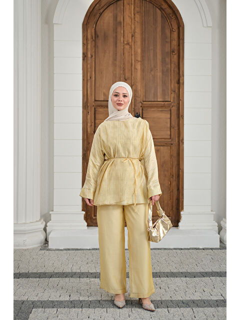 Locco Moda Kadın Yaka Şal Detay Bel Bağlamalı Takım Sarı