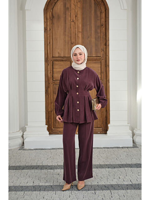 Locco Moda Kadın Gold Düğmeli Pileli Pantolonlu Takım Mürdüm