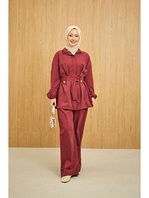 Locco Moda Kadın Gizli Fermuarlı Kemerli Pantolonlu Takım Bordo