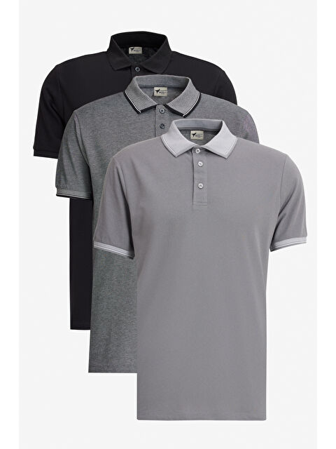 AC&Co / Altınyıldız Classics Erkek SIYAH-ACIK SIYAH-GRI Slim Fit Dar Kesim 3 'lü Kıvrılmaz Polo Yaka Tişört - S000394294-37430