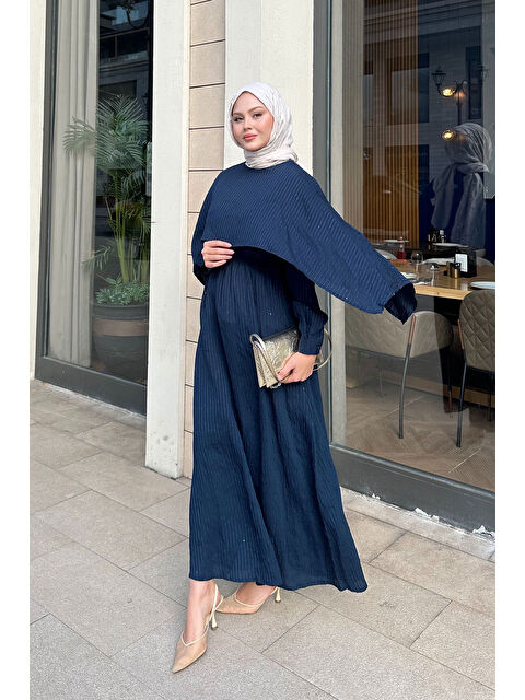 Locco Moda Kadın Pelerin Detay Çizgili Elbise Lacivert