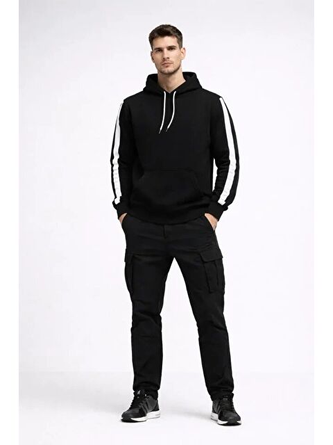 Jane's Erkek Şeritli Kapüşonlu Sweatshirt Oversize 3 Iplik Pamuklu - Siyah