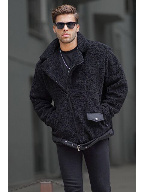 Madmext Siyah Pelüş Biker Erkek Ceket 6849 - S000115340-19351