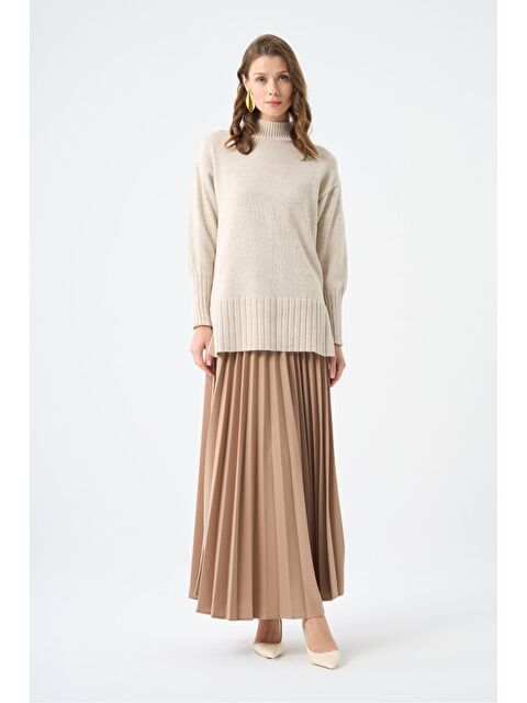 Mizalle Basic Örme Pliseli Krep Bej Etek - S000350648-19928