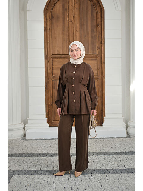 Locco Moda Kadın Gold Düğmeli Pileli Pantolonlu Takım Kahverengi