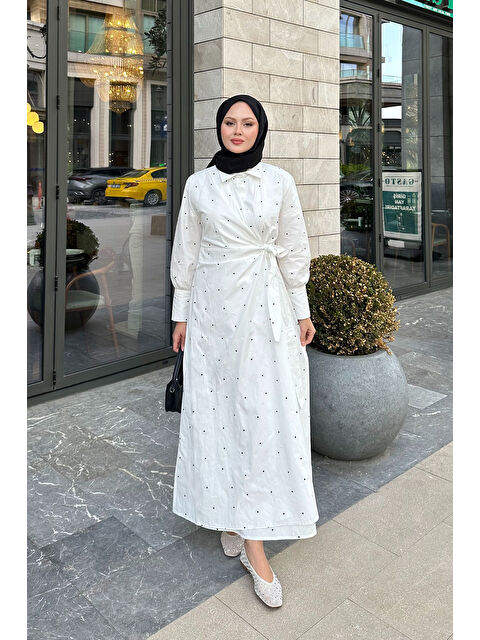 Locco Moda Kadın Puantiyeli Yandan Bağlamalı Elbise Beyaz