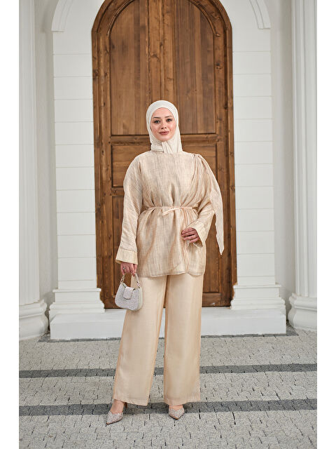 Locco Moda Kadın Yaka Şal Detay Bel Bağlamalı Takım Krem