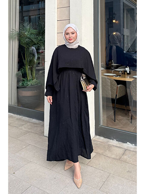 Locco Moda Kadın Pelerin Detay Çizgili Elbise Siyah