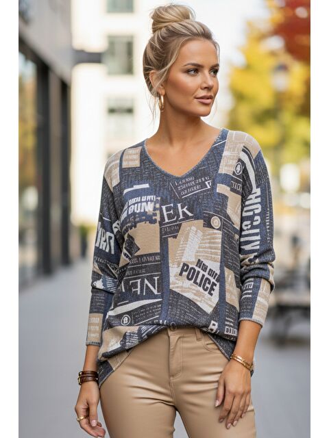 Chiccy İtalyan İndigo V Yaka Uzun Kol Desenli İnce Casual Triko Bluz 68 65 - S000508015-23093