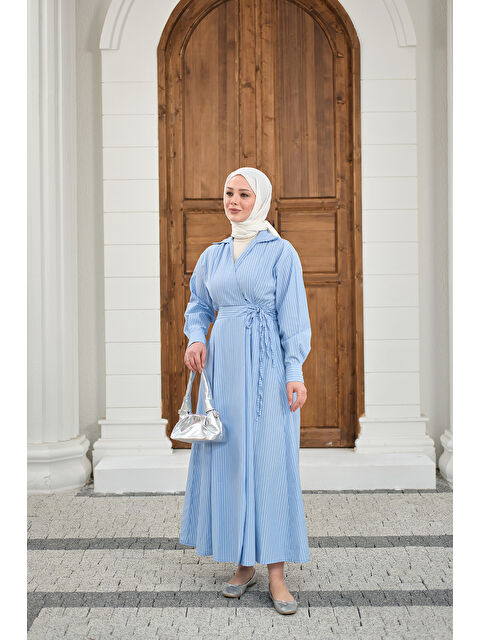 Locco Moda Kadın Yan Bağlamalı Çizgili Elbise Mavi