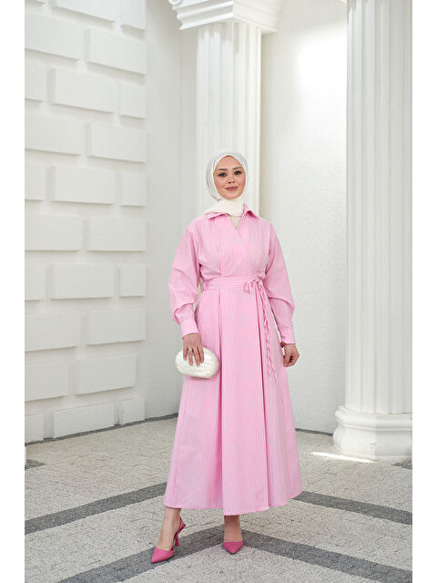 Locco Moda Kadın Yan Bağlamalı Çizgili Elbise Pembe