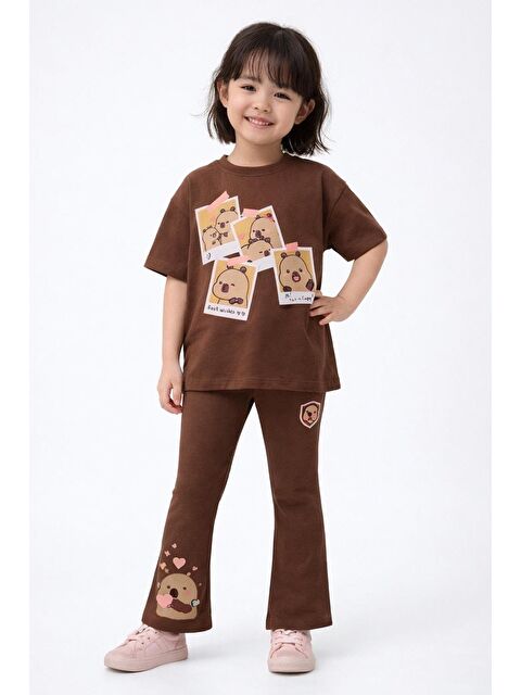 Monila Kız Çocuk Pamuklu Kahverengi Baskılı T-Shirt Ve Fitilli İspanyol Paça Tayt 2'Li Takım - S000516293-19413