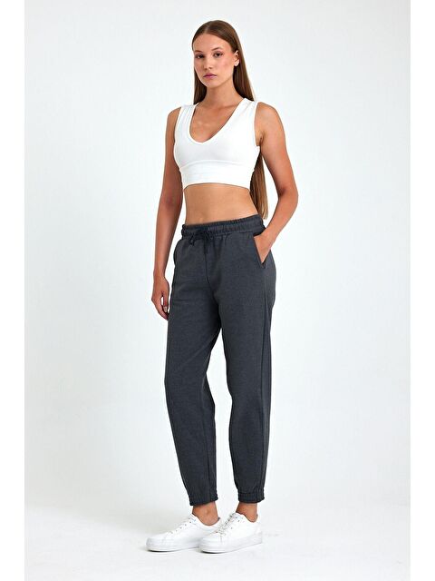 Mmetalic Kadın Antrasit Pamuklu Kalın Paçası Lastikli Yüksek Bel Rahat Jogger Eşofman Altı - S000243452-29666