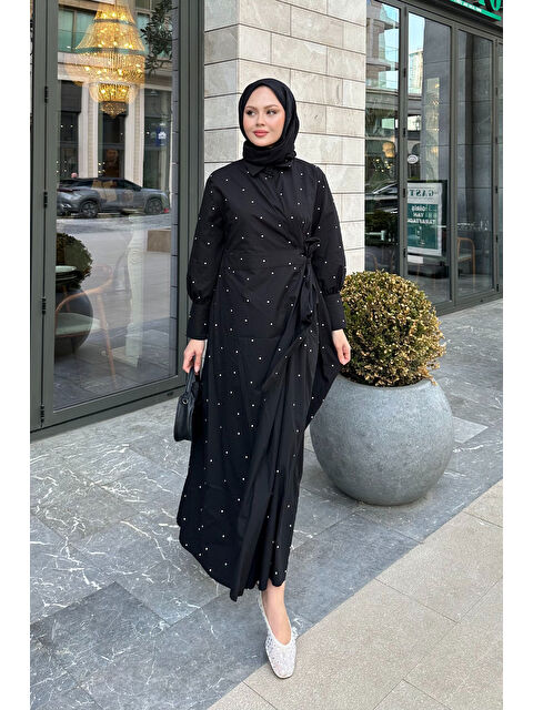 Locco Moda Kadın Puantiyeli Yandan Bağlamalı Elbise Siyah