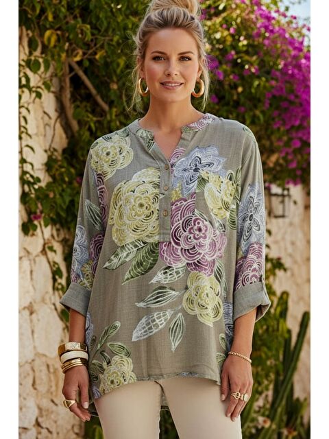 Chiccy İtalyan Vizon Hakim Yaka Düğmeli 3/4 Kol Çiçekli Cepli Casual Keten Görünümlü Dokuma Bluz 75 65 - S000508021-26429