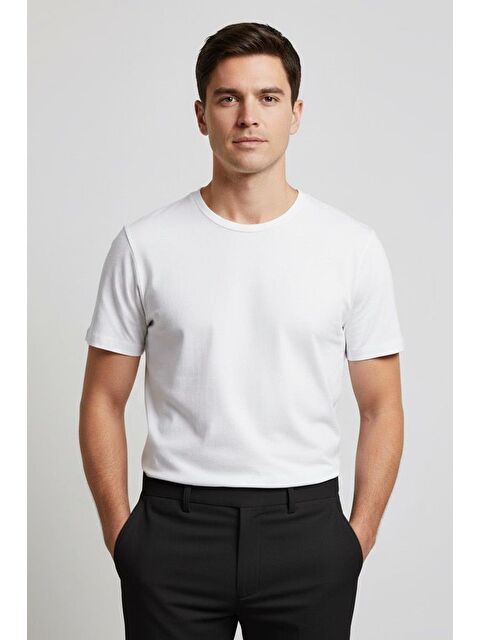 Sabri Özel Giotelli Beyaz Regular Fit %100 Pamuk Bisiklet Yaka Erkek Tişört