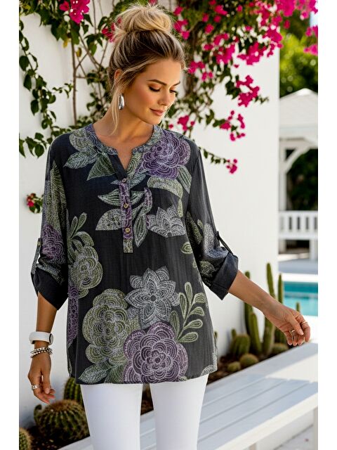 Chiccy İtalyan Antrasit Hakim Yaka Düğmeli 3/4 Kol Çiçekli Cepli Casual Keten Görünümlü Dokuma Bluz 75 65 - S000508021-29666