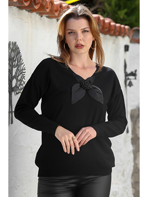 Chiccy Siyah V Yaka Uzun Kol Fiyonk Detaylı Casual Triko Kazak 65 60 - S000469064-19351