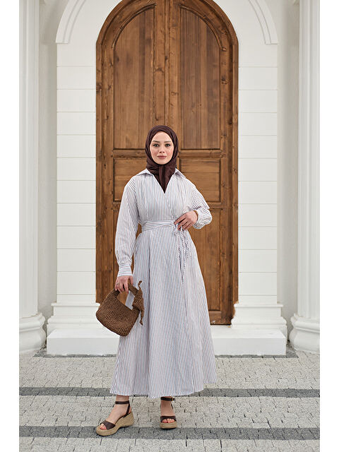 Locco Moda Kadın Yandan Bağlamalı Çizgili Elbise Beyaz-Kahverengi