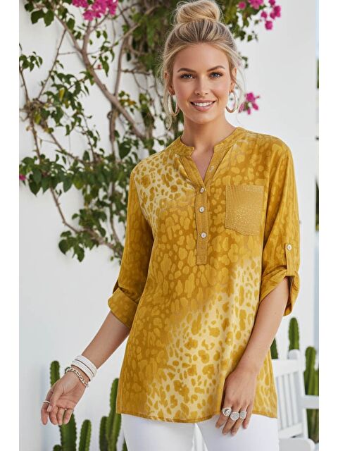 Chiccy İtalyan Hardal Hakim Yaka Düğmeli 3/4 Kol Desenli Pullu Cepli Casual Viskon Bluz 75 60 - S000508020-20074